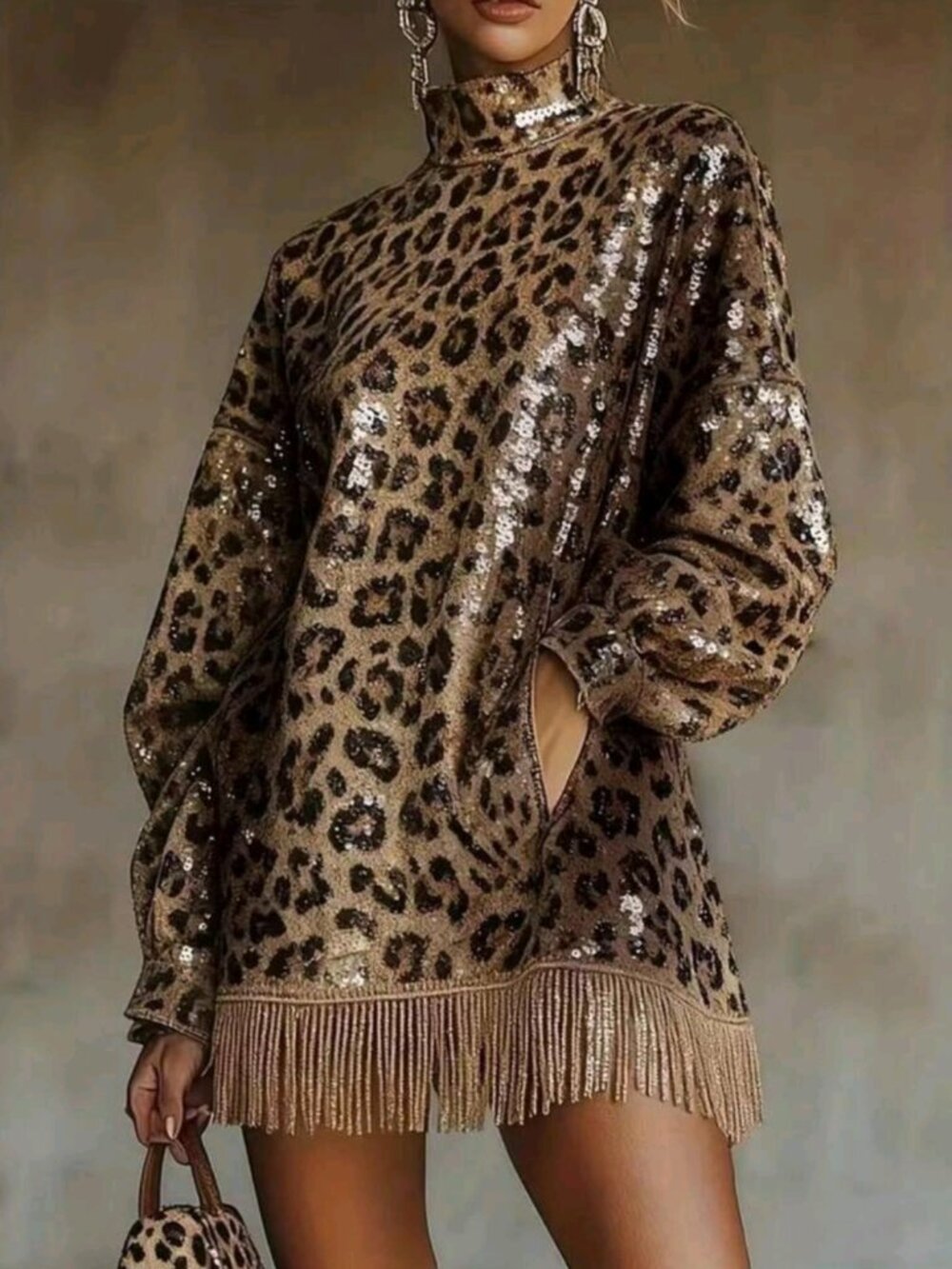 Fashionable Metallic Brown Sequin High-Neck Long-Sleeved Fringed Design Short